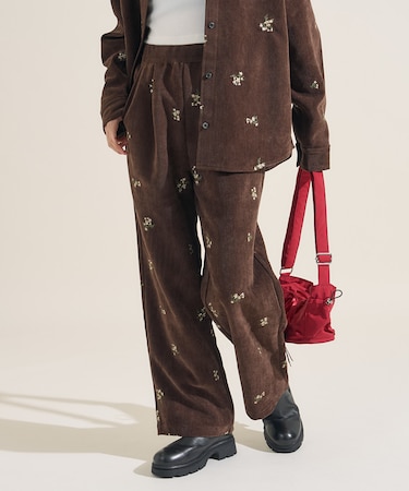 ベロアライク フラット コーデュロイ 小花柄 イージーパンツ<セットアップ対応>