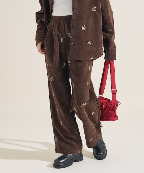 ベロアライク フラット コーデュロイ 小花柄 イージーパンツ<セットアップ対応>