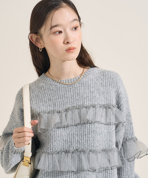 チュール フリル ドッキング ニットプルオーバー