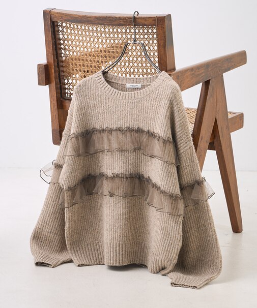 チュール フリル ドッキング ニットプルオーバー