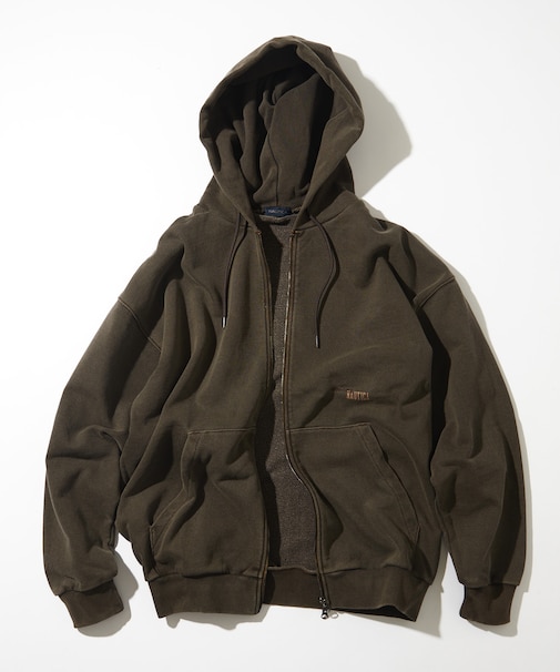 ピグメント加工 HIDDEN LOGO スウェット ダブルジップパーカー