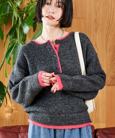 配色 ヘンリーネック ニットプルオーバー