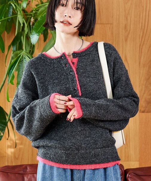 配色 ヘンリーネック ニットプルオーバー