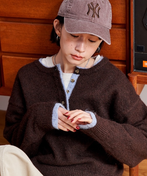 配色 ヘンリーネック ニットプルオーバー