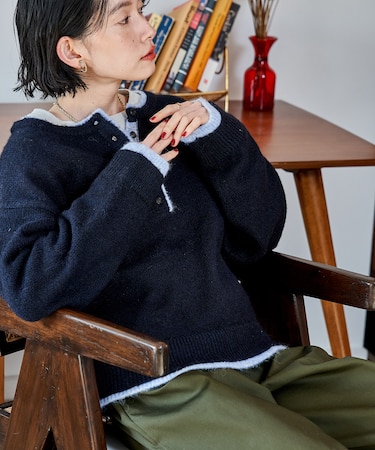 配色 ヘンリーネック ニットプルオーバー