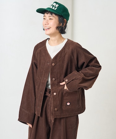 別注 コーデュロイ ノーカラーVネックジャケット<セットアップ対応>