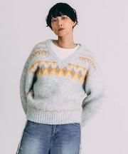 Vネック 配色 ノルディック柄ニット