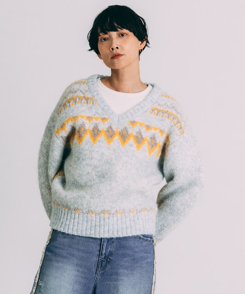 Vネック 配色 ノルディック柄ニット