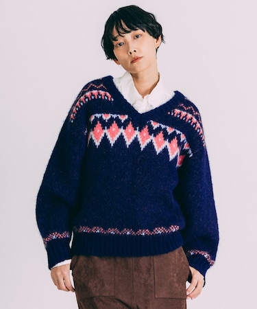 Vネック 配色 ノルディック柄ニット