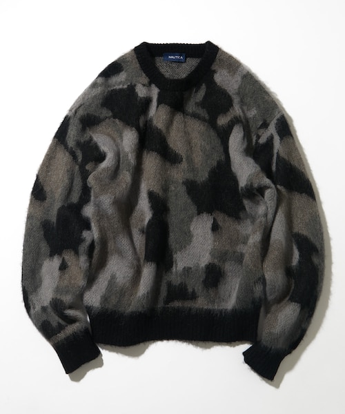 モヘア混 迷彩ジャカード クルーネックニット プルオーバー