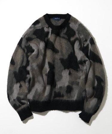 モヘア混 迷彩ジャカード クルーネックニット プルオーバー