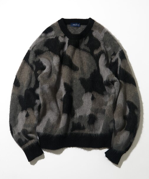 モヘア混 迷彩ジャカード クルーネックニット プルオーバー