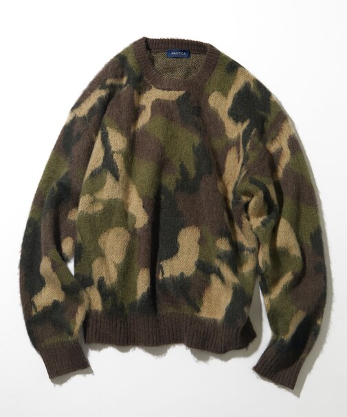 モヘア混 迷彩ジャカード クルーネックニット プルオーバー