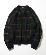 モヘア混 ウインドウ チェック柄 Vネックニット プルオーバー