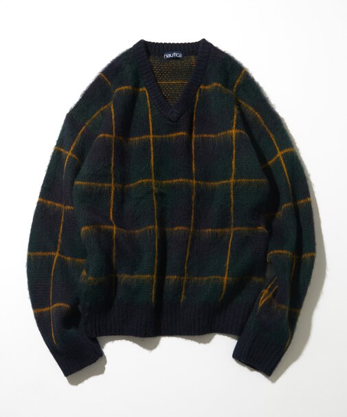 モヘア混 ウインドウ チェック柄 Vネックニット プルオーバー