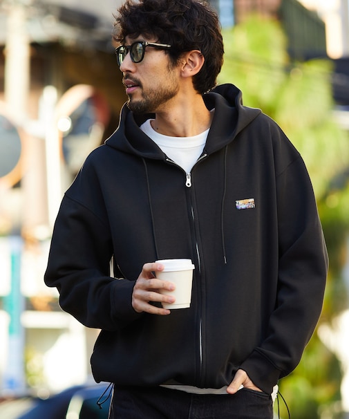 ビッグシルエット スピンドル ダンボール ワンポイントロゴ スウェット ジップアップ パーカー