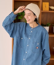 別注 リヨセルデニム ノーカラー シャツワンピース