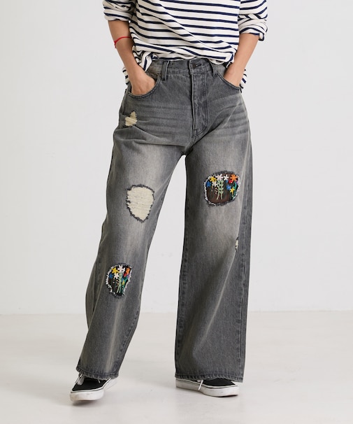 フラワー刺繍ワイドデニム