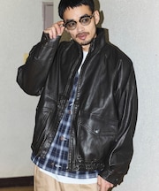 ウォッシュ加工 レザレッド スタンドカラー ジップアップ ショートブルゾン