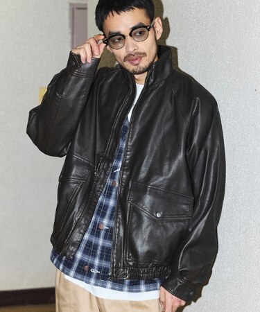 ウォッシュ加工 レザレッド スタンドカラー ジップアップ ショートブルゾン