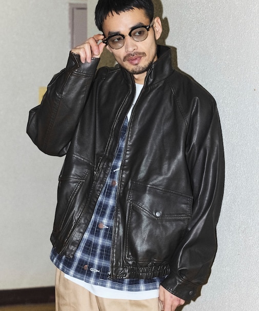 ウォッシュ加工 レザレッド スタンドカラー ジップアップ ショートブルゾン