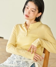 <カシミヤ入り>ガーゼフライス ポロ襟ロンT