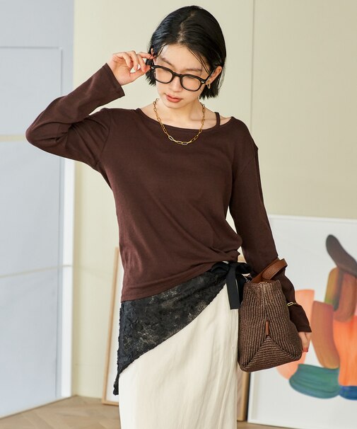 ＜カシミヤ入り＞ガーゼフライス アシンメトリーネック ロンT