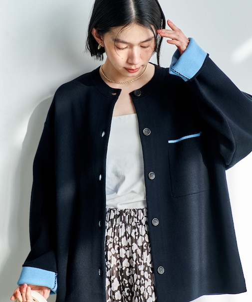 ＜マシーンウォッシャブル＞スウェットライク 配色 カーディガン