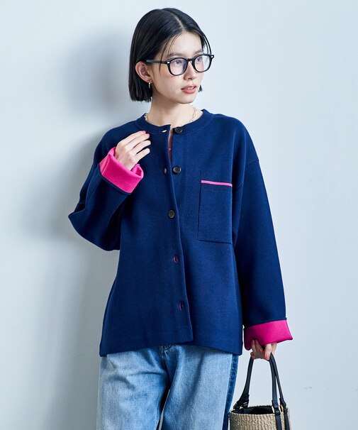 ＜マシーンウォッシャブル＞スウェットライク 配色 カーディガン