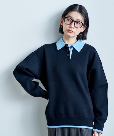 ＜マシーンウォッシャブル＞ スウェットライク 配色ポロニット