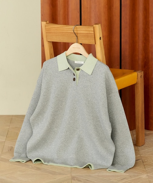 ＜マシーンウォッシャブル＞ スウェットライク 配色ポロニット