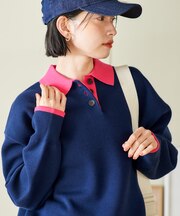 ＜マシーンウォッシャブル＞ スウェットライク 配色ポロニット
