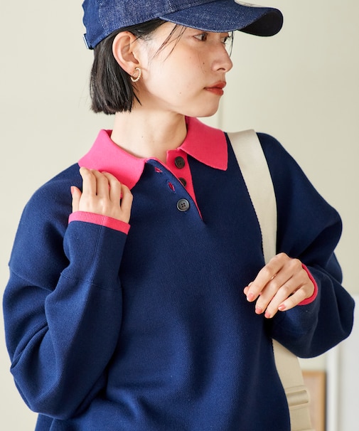 ＜マシーンウォッシャブル＞ スウェットライク 配色ポロニット