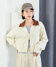 ポロ襟 配色 ジップカーディガン/バイオウォッシュ加工ニット