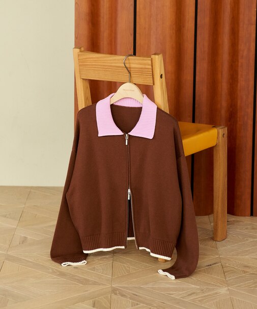 ポロ襟 配色 ジップカーディガン/バイオウォッシュ加工ニット