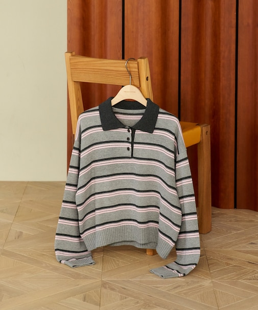 ポロ襟 ボーダー ショートニット