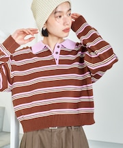 ポロ襟 ボーダー ショートニット