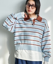 ポロ襟 ボーダー ショートニット