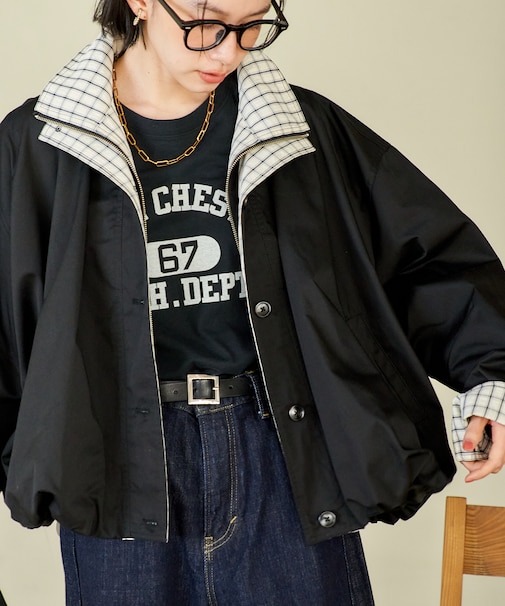 配色 チェック ダブル襟 バルーンコート