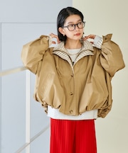 配色 チェック ダブル襟 バルーンコート