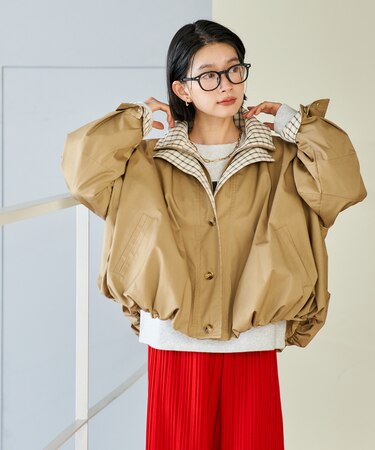 配色 チェック ダブル襟 バルーンコート