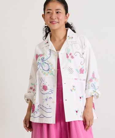 オープンカラー 刺繍 シャツジャケット