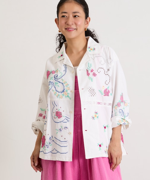 オープンカラー 刺繍 シャツジャケット