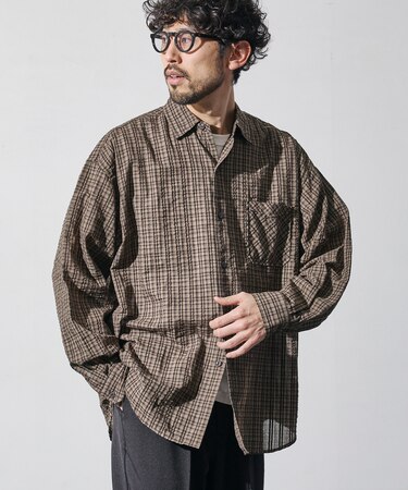 別注 シアサッカー レギュラーカラー ロングスリーブ チェックシャツ