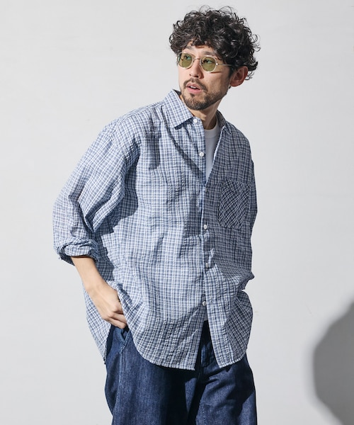 別注 シアサッカー レギュラーカラー ロングスリーブ チェックシャツ