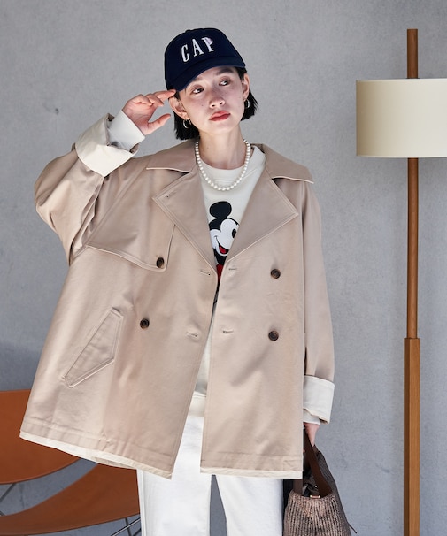 配色 ショート トレンチコート/ミニ フレアコート