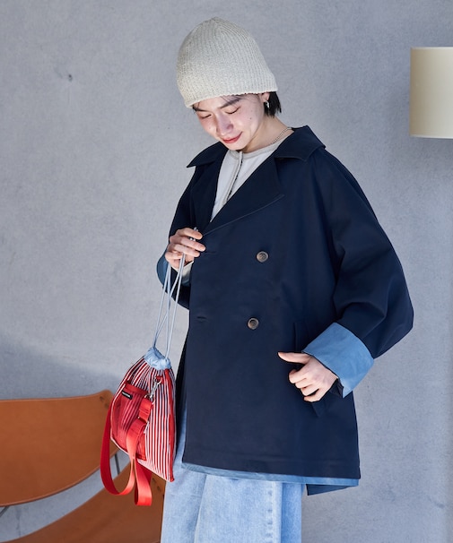 配色 ショート トレンチコート/ミニ フレアコート