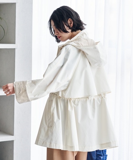 2way 配色ステッチ フード付き ミニフレアコート