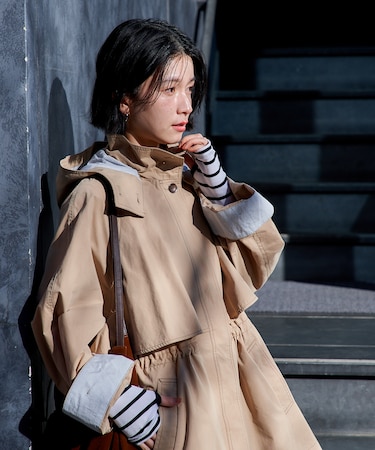 2way 配色ステッチ フード付き ミニフレアコート