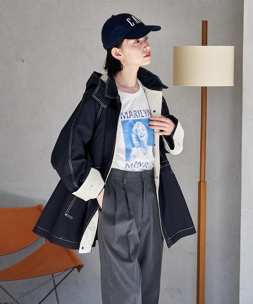 2way 配色ステッチ フード付き ミニフレアコート